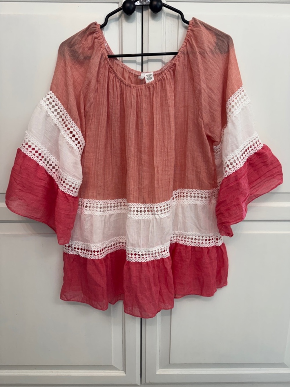 Kaktus Coral, White & Pink Boho Tiered Peasant Tunic Flowy summer size L